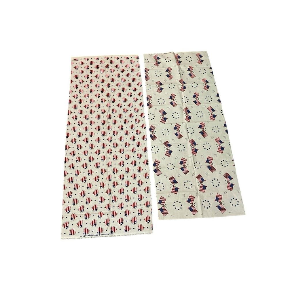 Vintage Patriotic Fabric Lot Of 2 Red White Blue Tan